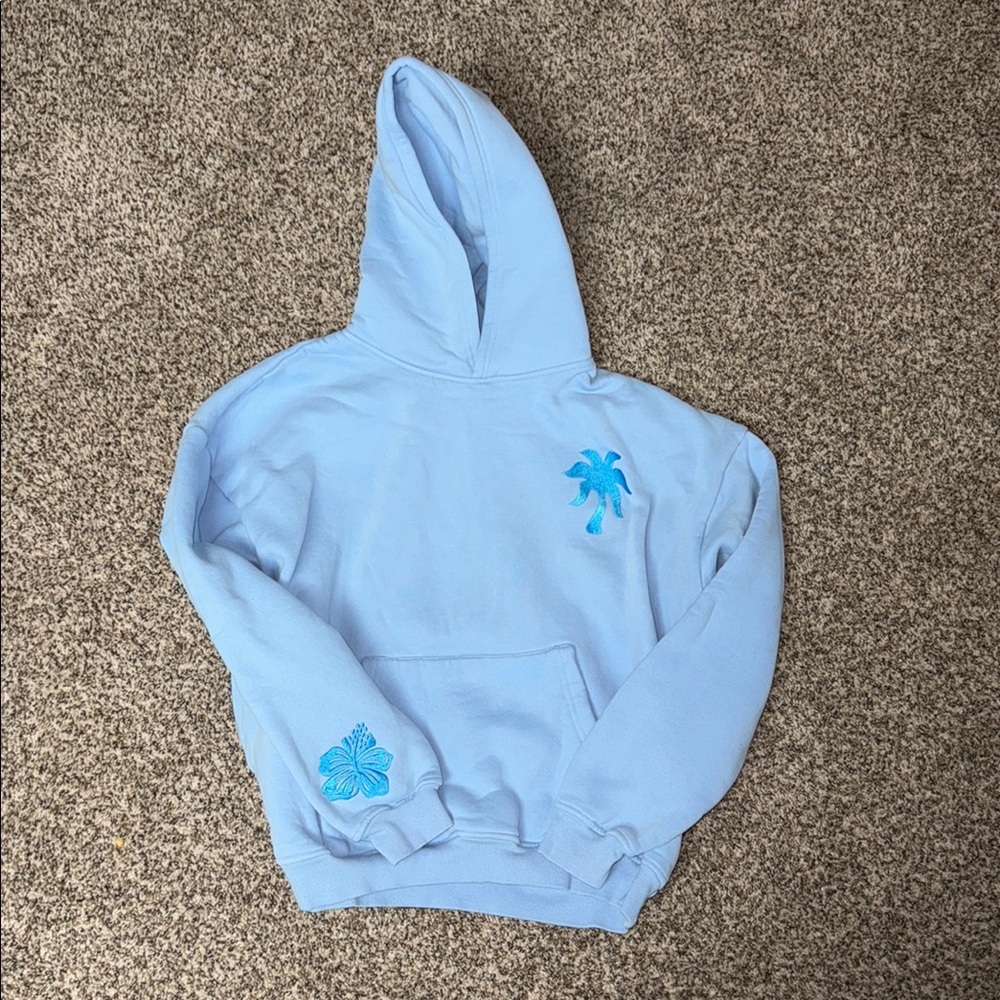 Pink palm puff Blue women’s  Hoodie with Palm Tree Design
